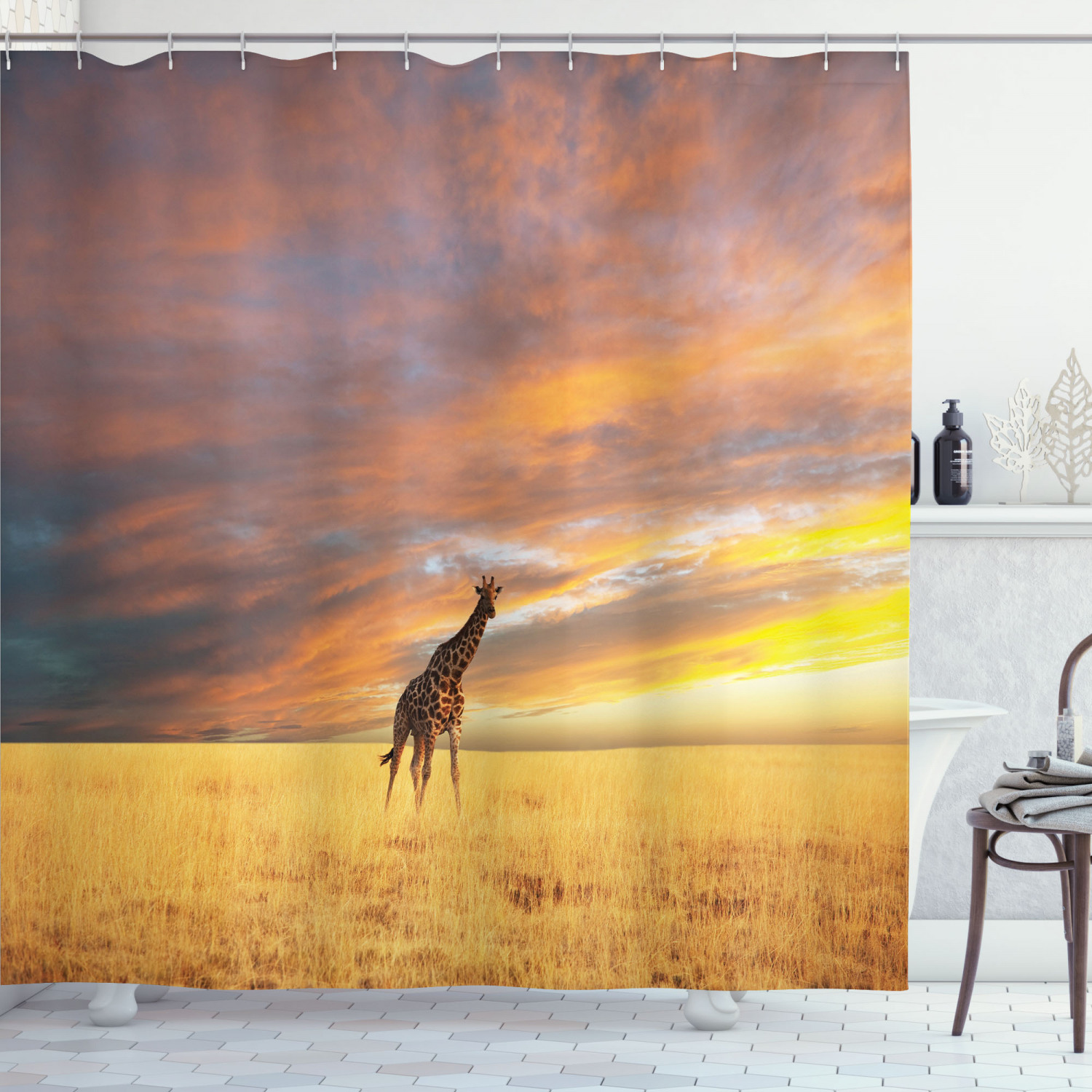 Savannah Sunrise Grassland Giraffe Shower Curtain, Fall Season Picture Bathroom Decor