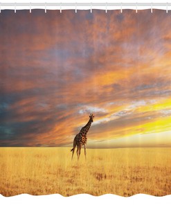 Savannah Sunrise Grassland Giraffe Shower Curtain, Fall Season Picture Bathroom Decor