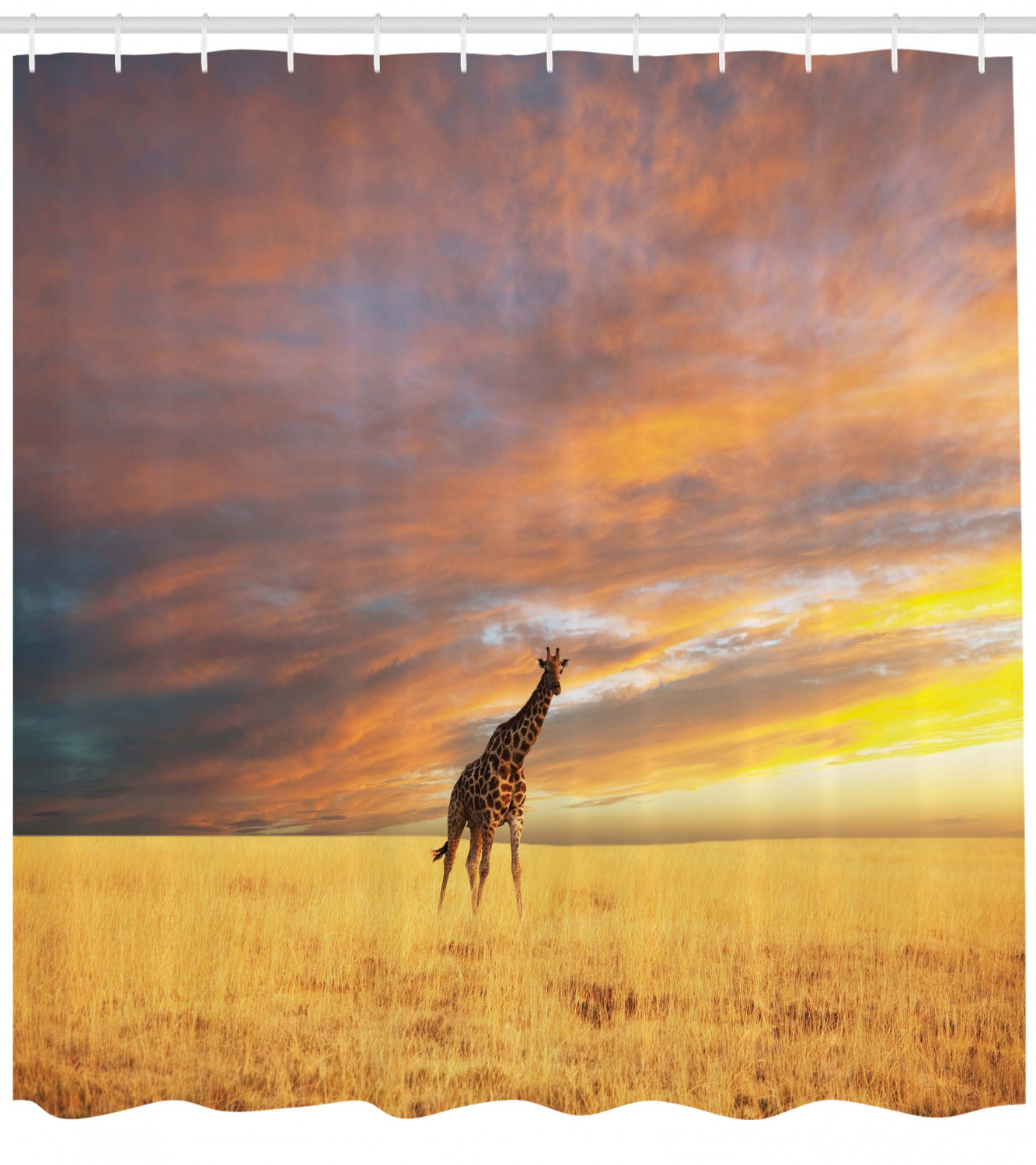 Savannah Sunrise Grassland Giraffe Shower Curtain, Fall Season Picture Bathroom Decor