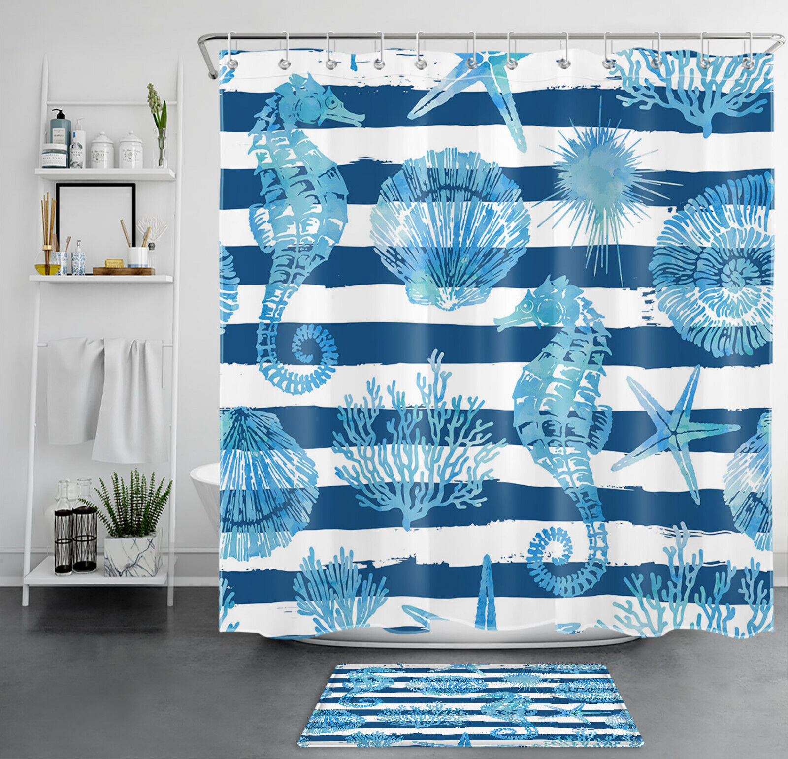 Scallop Sea Horse Blue and White Striped Shower Curtain for Bathroom Decor- Add a Beachy Touch to Your Bathroom