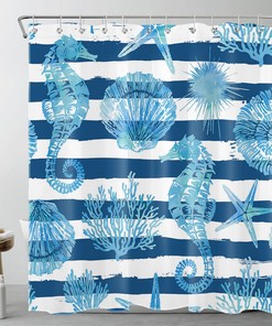 Scallop Sea Horse Blue and White Striped Shower Curtain for Bathroom Decor- Add a Beachy Touch to Your Bathroom