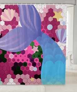 Scallop Starfish Colorful Hexagon Honeycomb Mermaid Shower Curtain for Kids Girls Room Decor