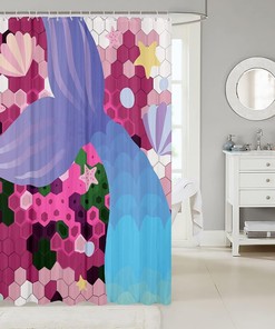 Scallop Starfish Colorful Hexagon Honeycomb Mermaid Shower Curtain for Kids Girls Room Decor