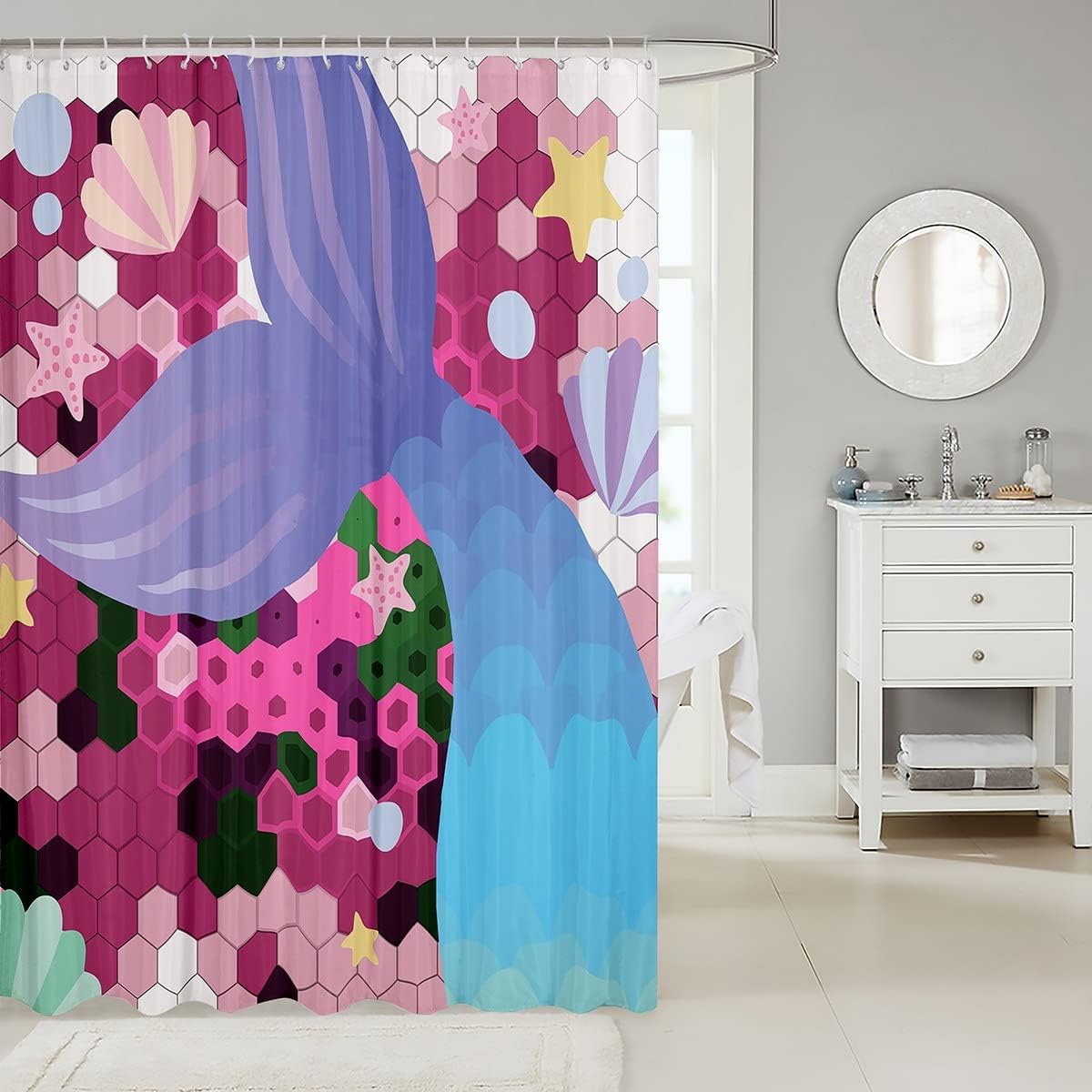 Scallop Starfish Colorful Hexagon Honeycomb Mermaid Shower Curtain for Kids Girls Room Decor