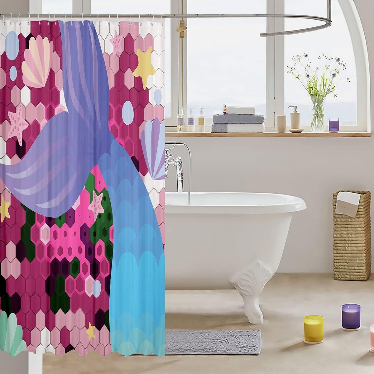 Scallop Starfish Colorful Hexagon Honeycomb Mermaid Shower Curtain for Kids Girls Room Decor