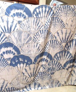 Scalloped Seashells Blue & White Waterproof Fabric Shower Curtain for Beach Bathroom Decor 