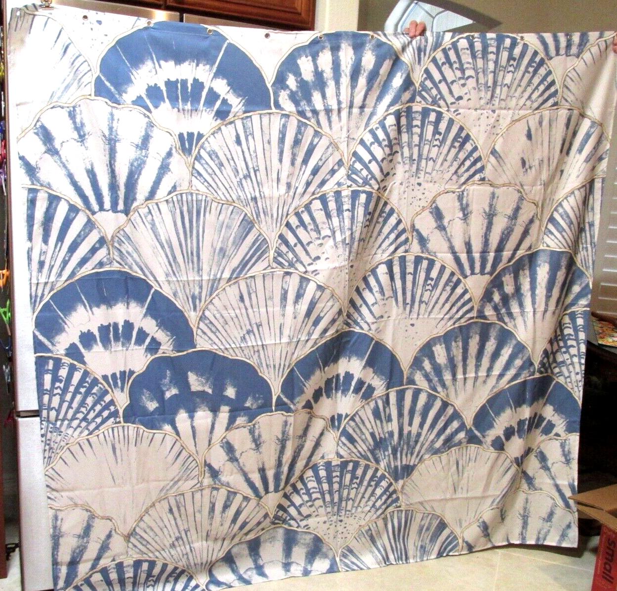 Scalloped Seashells Blue & White Waterproof Fabric Shower Curtain for Beach Bathroom Decor