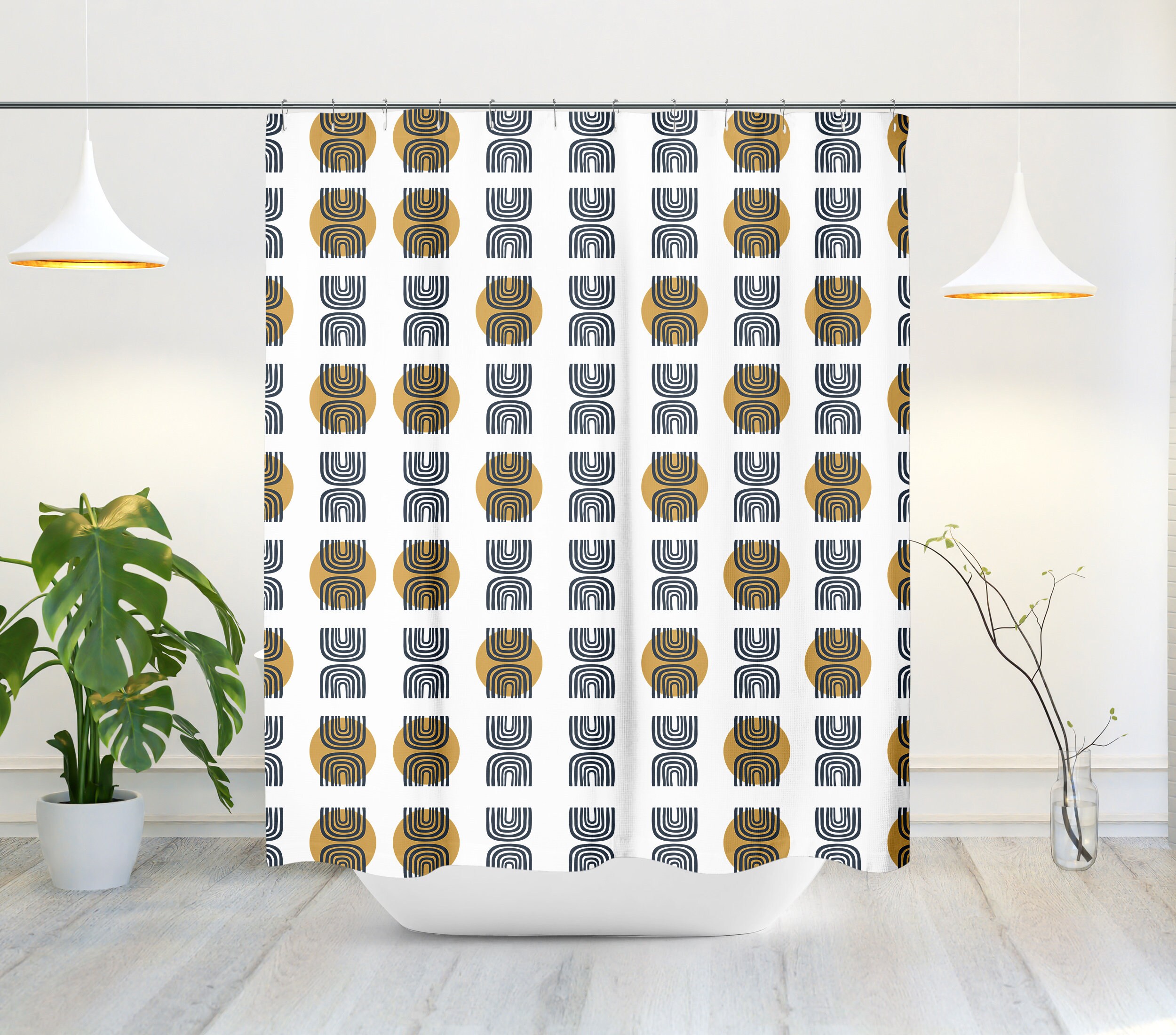 Scandi Moon Rainbow Shower Curtain, Mid-Century Modern Boho Bath Accessory with Abstract Minimalist Design
