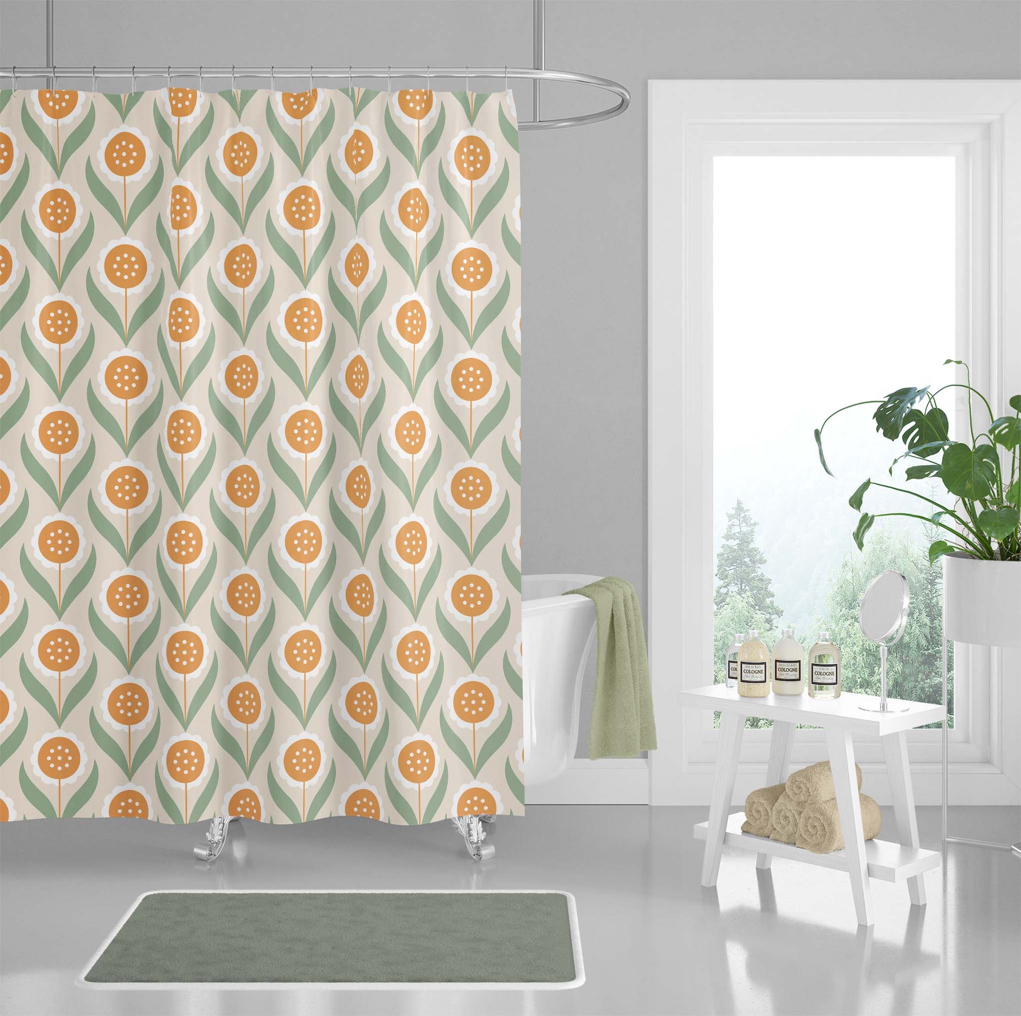 Scandinavian Flowers Shower Curtain with Pastel Colors Bath Curtain - Retro Bathroom Decor