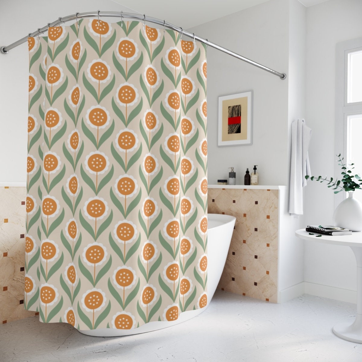 Scandinavian Flowers Shower Curtain with Pastel Colors Bath Curtain - Retro Bathroom Decor