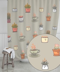 ScarJamFam Kawaii Shower Curtain- Cute Cactus and Eucalyptus Shower Curtain for Your Bathroom