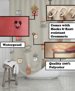 ScarJamFam Kawaii Shower Curtain- Cute Cactus and Eucalyptus Shower Curtain for Your Bathroom