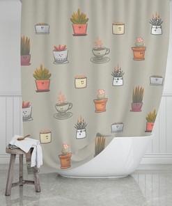ScarJamFam Kawaii Shower Curtain- Cute Cactus and Eucalyptus Shower Curtain for Your Bathroom