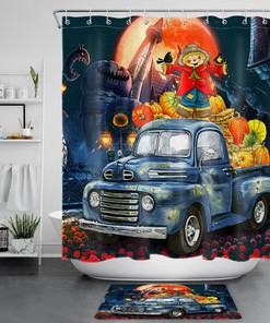 Scarecrow And Truck Under Red Moon On Halloween Shower Curtain 