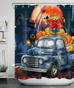 Scarecrow And Truck Under Red Moon On Halloween Shower Curtain