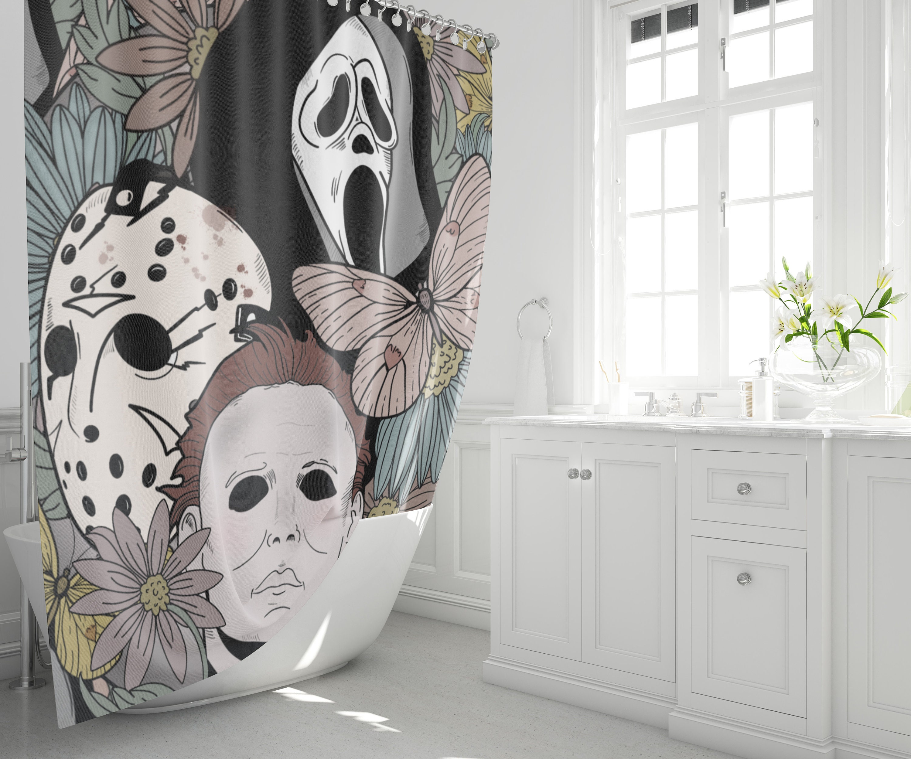Scary And Colorful Horror Movie Monsters Shower Curtain For A Halloween Bathroom