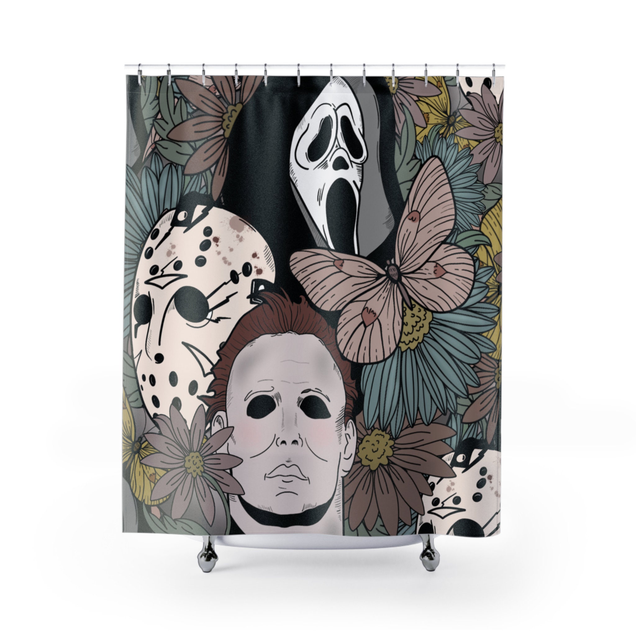 Scary And Colorful Horror Movie Monsters Shower Curtain For A Halloween Bathroom