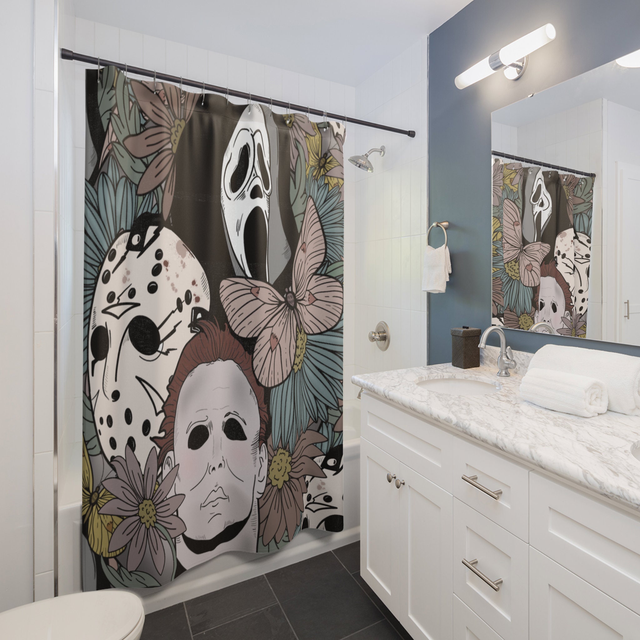 Scary And Colorful Horror Movie Monsters Shower Curtain For A Halloween Bathroom