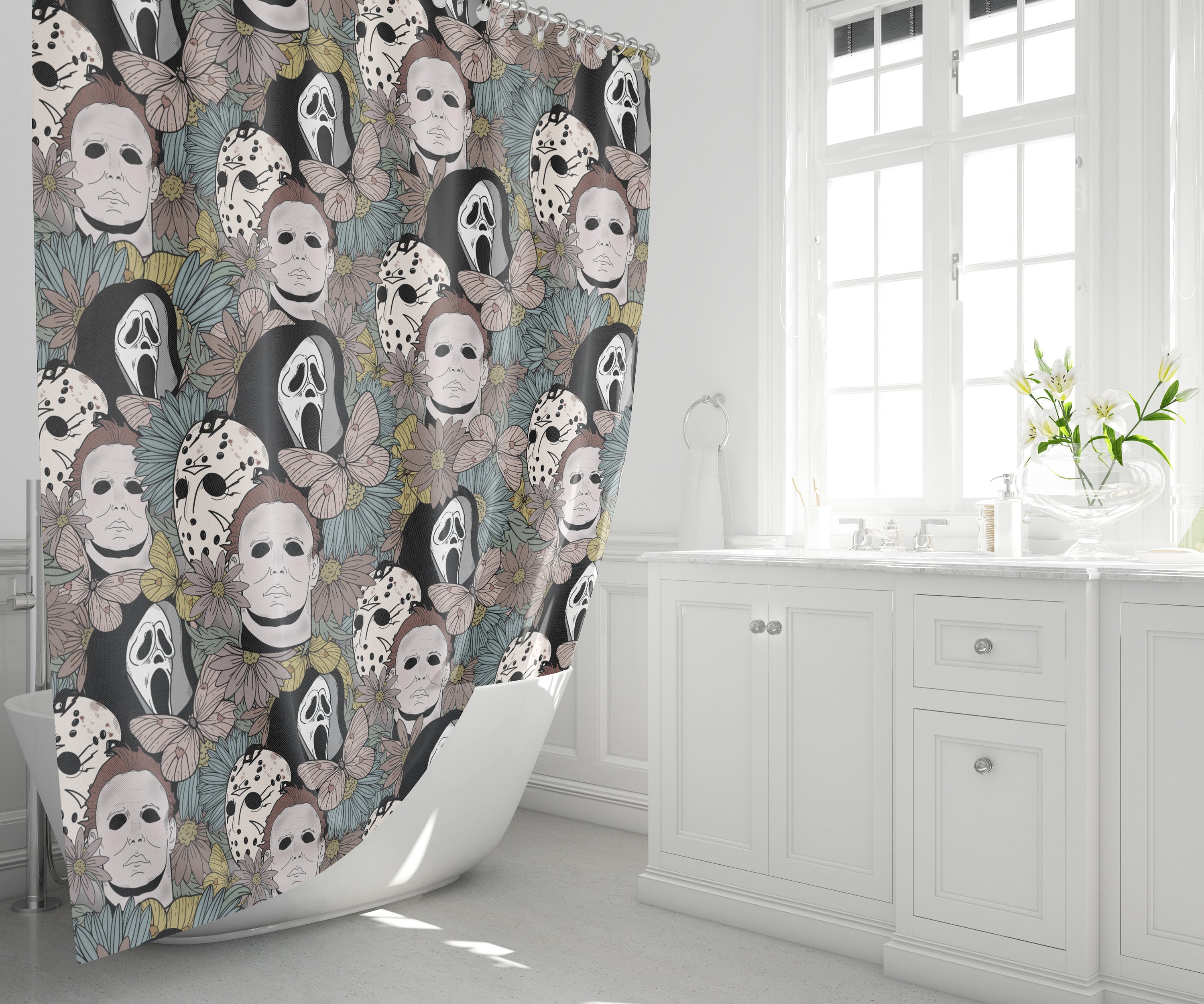 Scary And Colorful Horror Movie Monsters Shower Curtain For A Halloween Bathroom