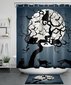 Scary Black Cat Pumpkin Owl Halloween Full Moon Shower Curtain For Thrilling Bathroom Accessory