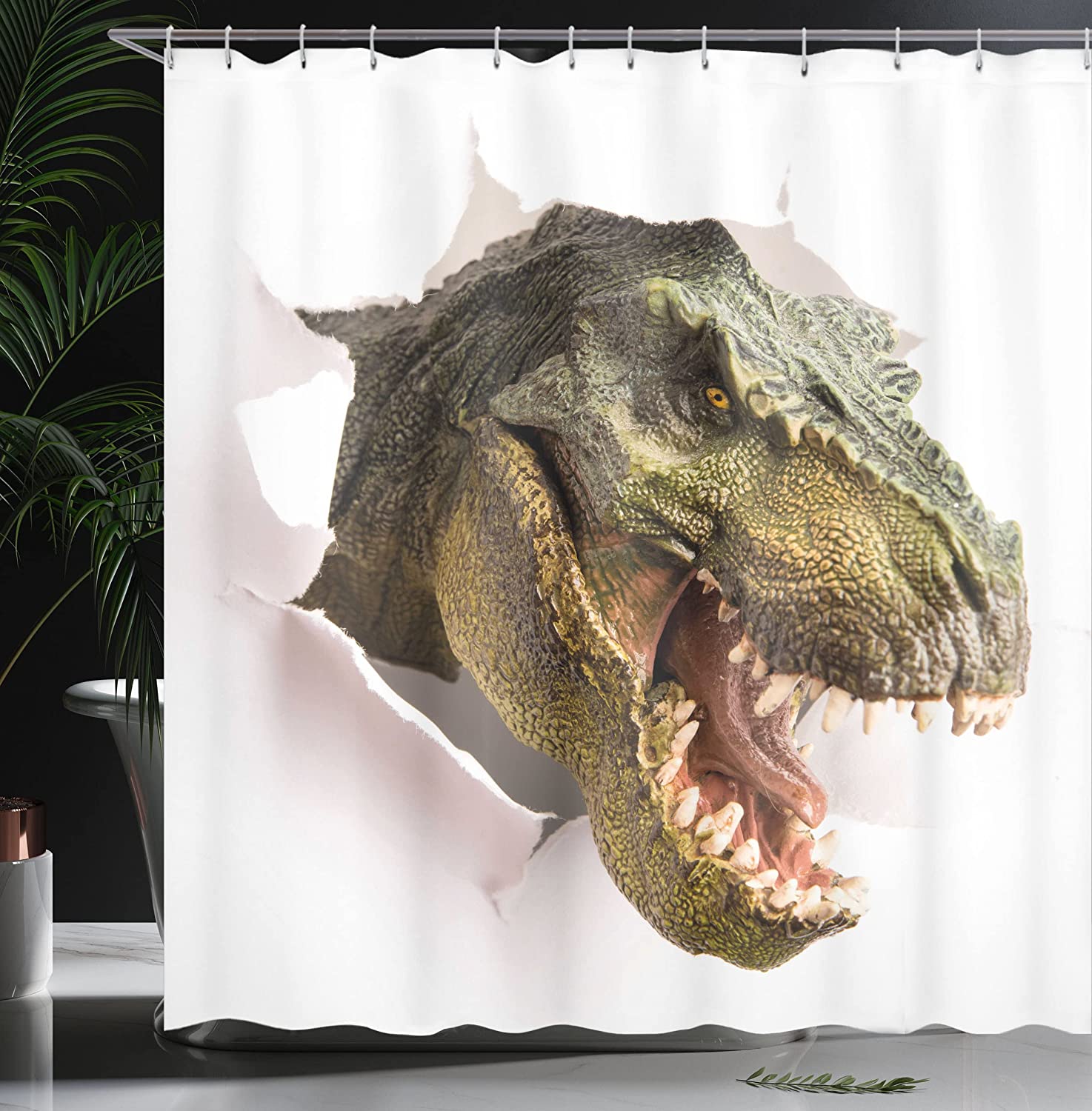 Scary Break Scenery Dangerous Dinosaur Tears Up The Paper Wall Image Shower Curtain - Cloth Fabric Bathroom Decors - Image 3