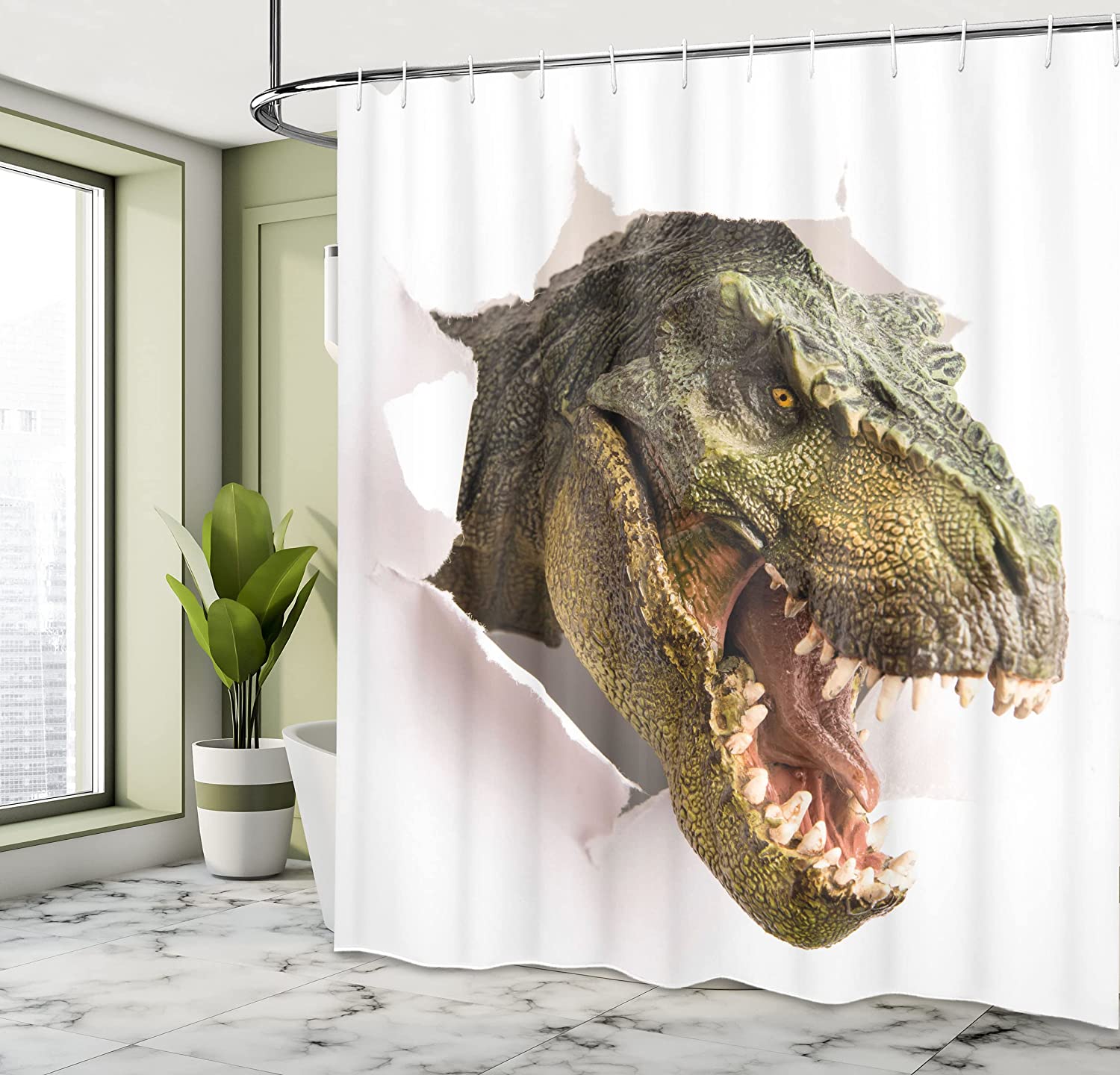 Scary Break Scenery Dangerous Dinosaur Tears Up The Paper Wall Image Shower Curtain - Cloth Fabric Bathroom Decors - Image 4