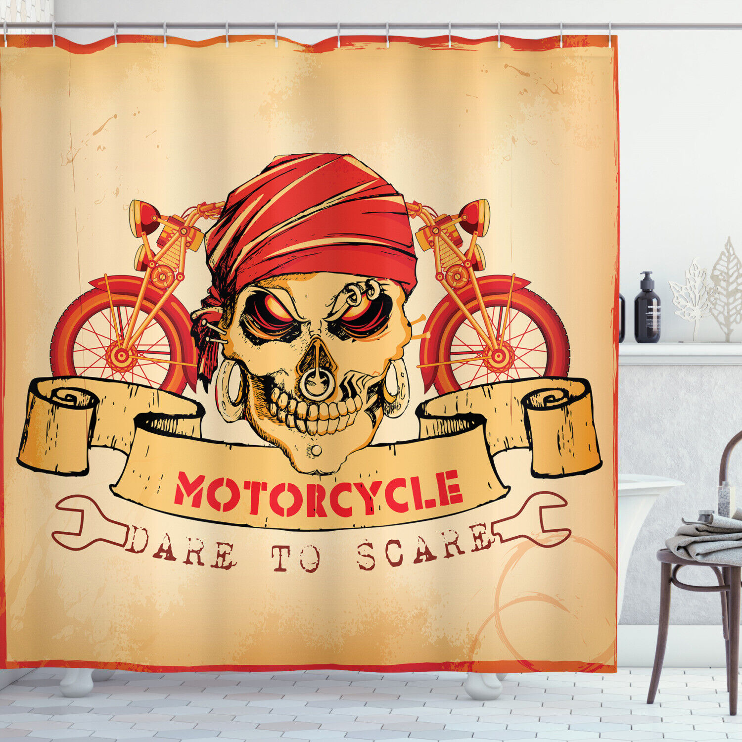 Scary Caveira Chuveiro Cortina With Motorcycle Print