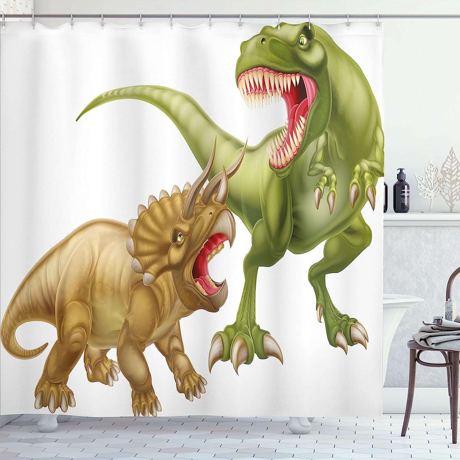 Scary Dinosaur Vintage Bathroom Shower Curtain - T Rex Vs Triceratops Jurassic Times - Green Pink Pale Brown
