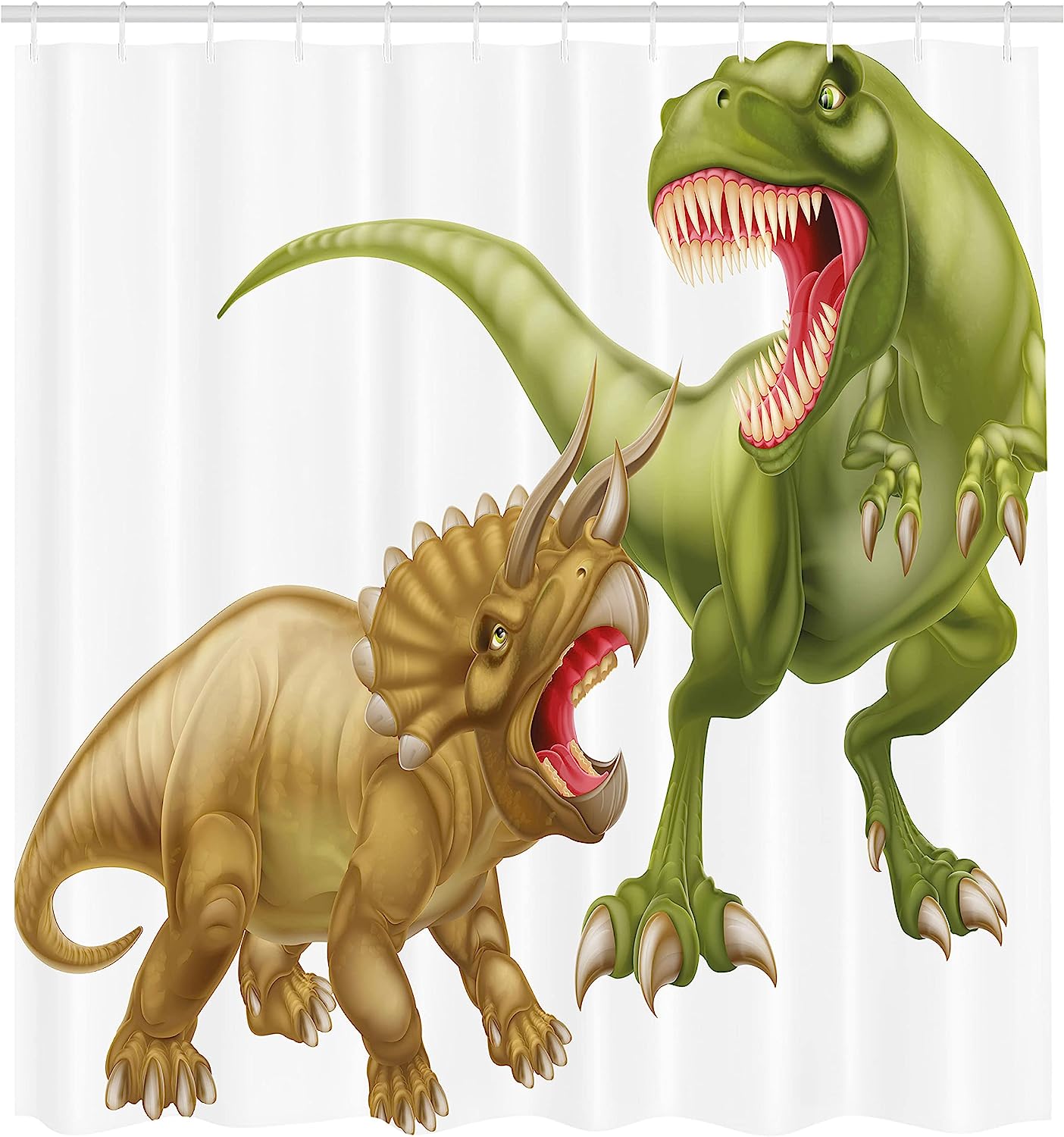 Scary Dinosaur Vintage Bathroom Shower Curtain - T Rex Vs Triceratops Jurassic Times - Green Pink Pale Brown - Image 2