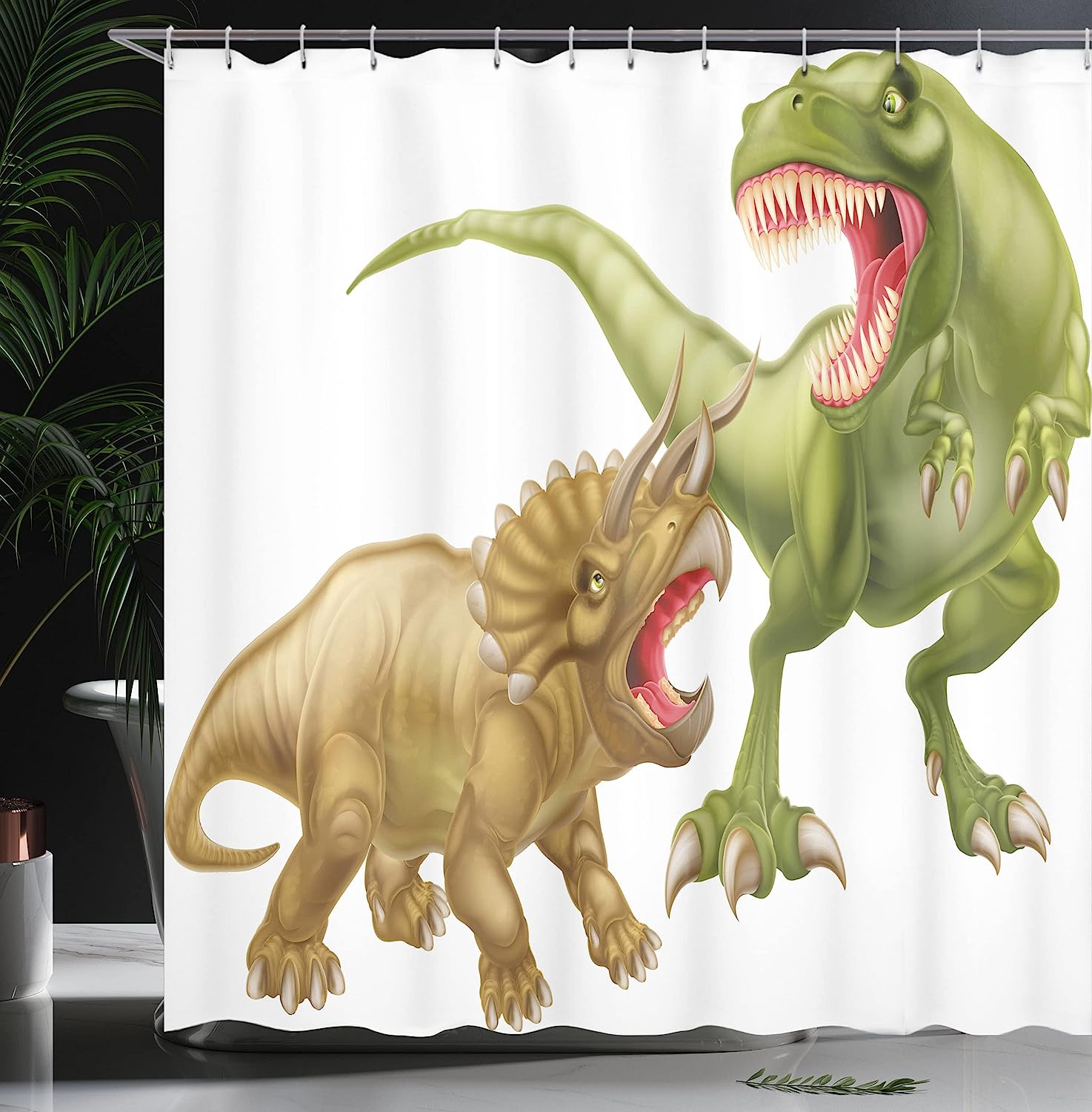Scary Dinosaur Vintage Bathroom Shower Curtain - T Rex Vs Triceratops Jurassic Times - Green Pink Pale Brown - Image 3