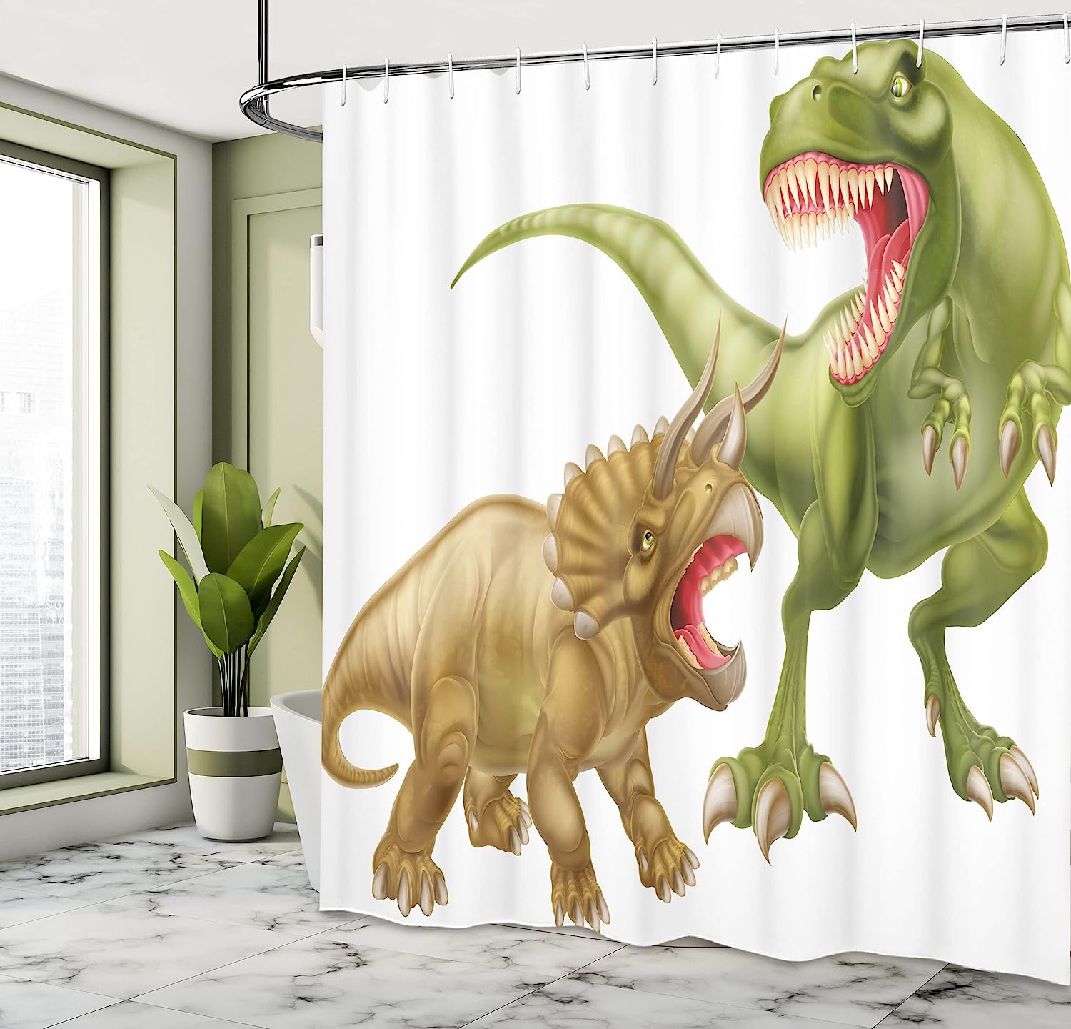 Scary Dinosaur Vintage Bathroom Shower Curtain - T Rex Vs Triceratops Jurassic Times - Green Pink Pale Brown - Image 4
