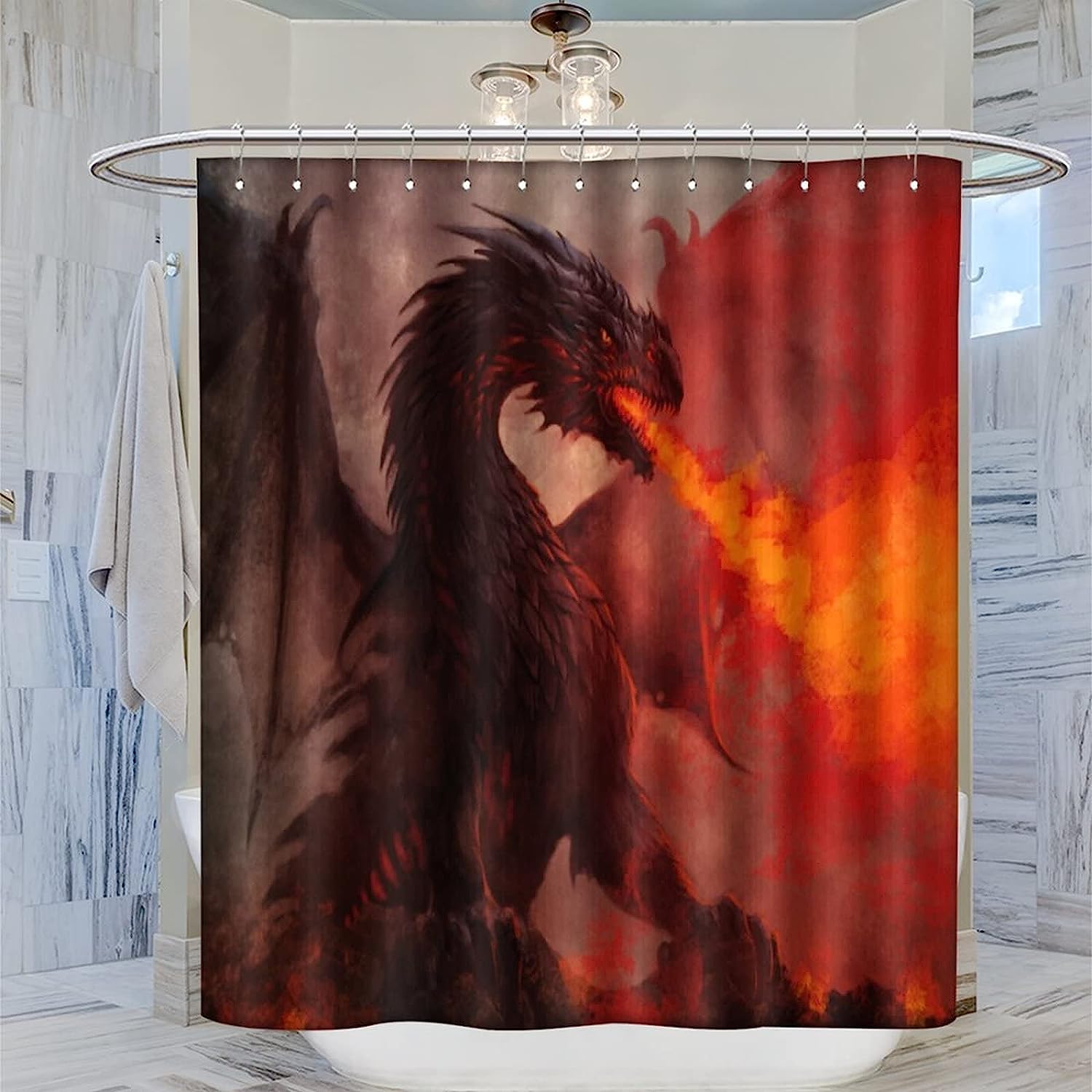 Scary Fire Dragon Red Shower Curtain for a Mystical Bathroom