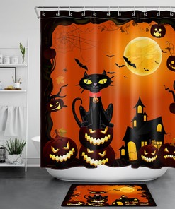 Scary Halloween Black Cat and Pumpkin Moon Shower Curtain: Fun and Eerie Bathroom Decor for Halloween