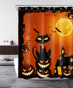 Scary Halloween Black Cat and Pumpkin Moon Shower Curtain: Fun and Eerie Bathroom Decor for Halloween