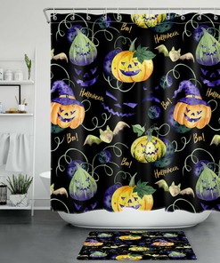 Scary Halloween Night With Pumpkin Bats Shower Curtain