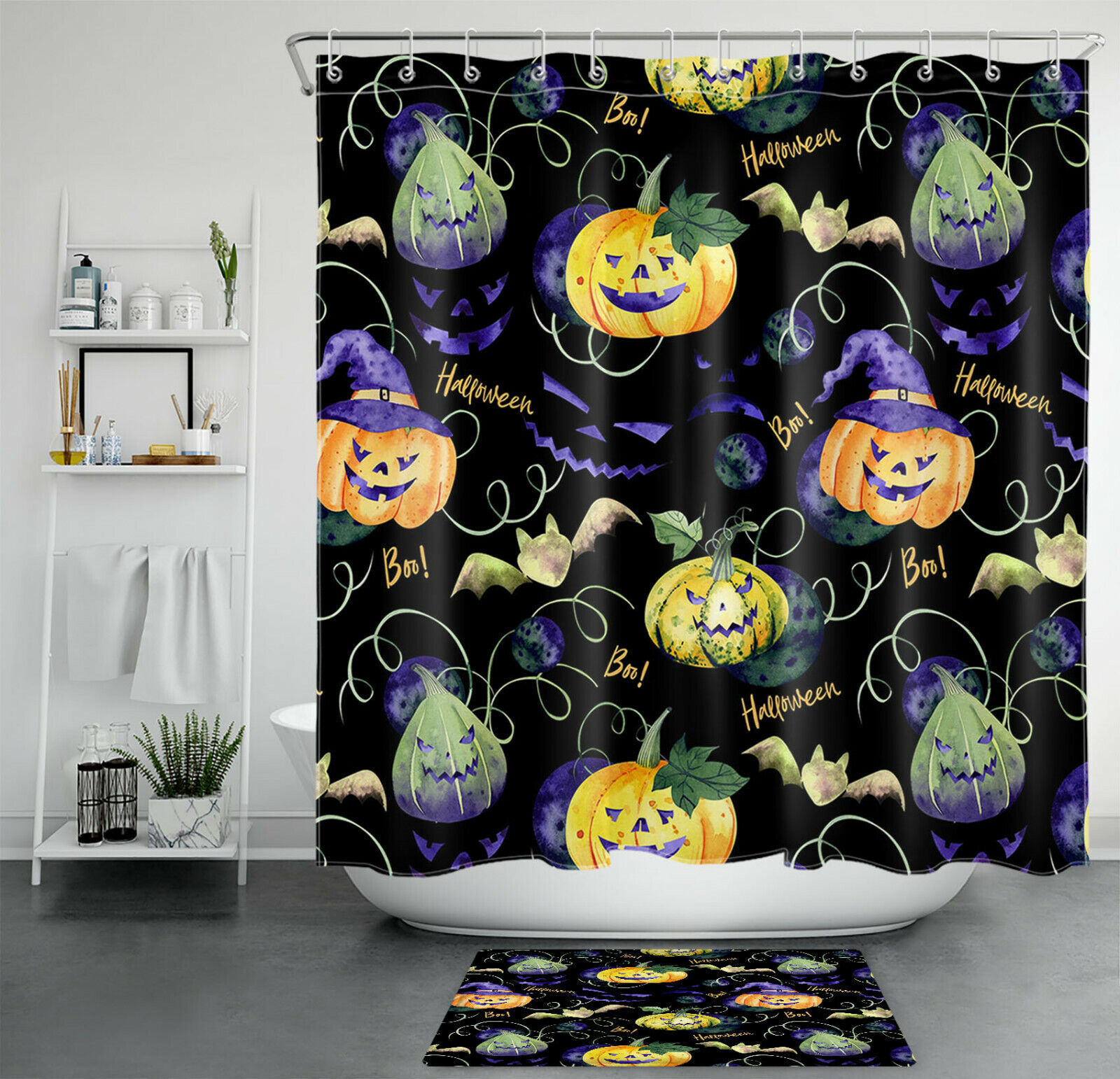 Scary Halloween Night With Pumpkin Bats Shower Curtain