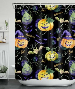 Scary Halloween Night With Pumpkin Bats Shower Curtain