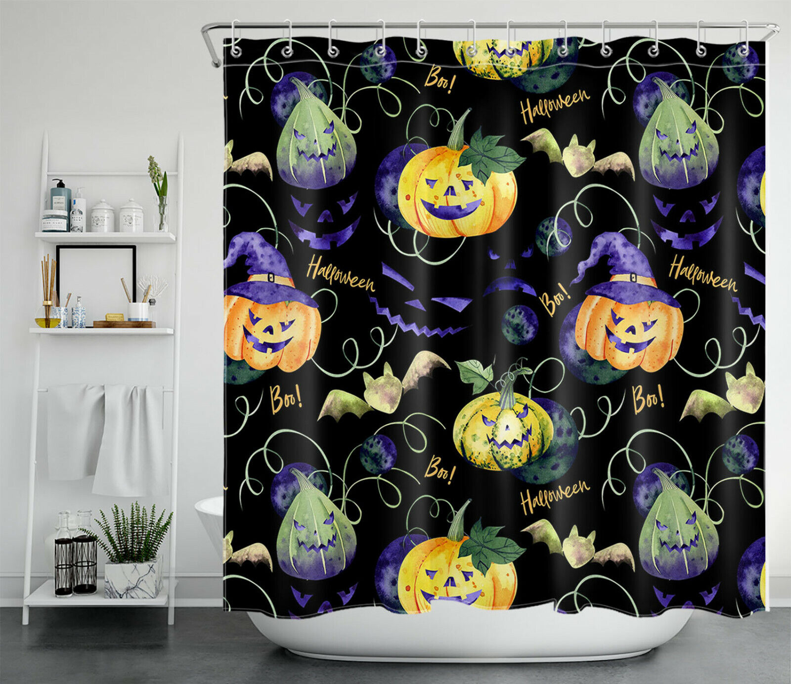 Scary Halloween Night With Pumpkin Bats Shower Curtain