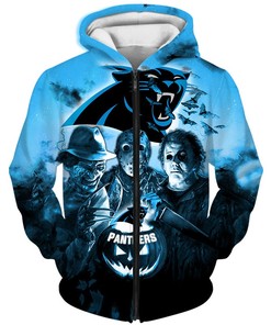 Scary Halloween Pumpkin Skull Print Zip Hoodie For Carolina Panthers Fans