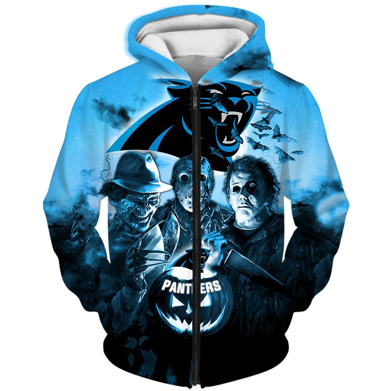 Scary Halloween Pumpkin Skull Print Zip Hoodie For Carolina Panthers Fans