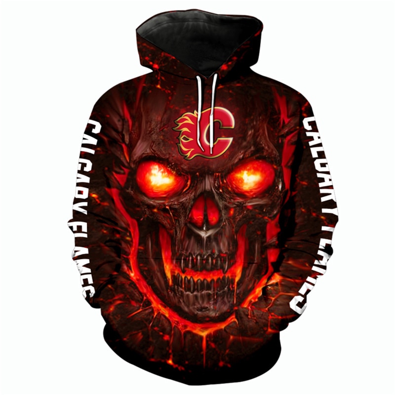 Scary Halloween Themed Calgary Flames Hoodie With 3D Skulls Pullover Design