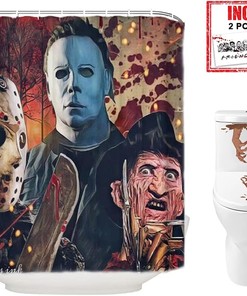 Scary Killer Freddy Jason Michael Halloween Fabric Shower Curtain And Toilet Stickers Christmas Party Decoration