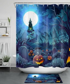 Scary Moon Castle Halloween Shower Curtain: Decorate Your Bathtub with Pumpkin and Graveyard Vibes