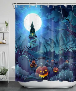 Scary Moon Castle Halloween Shower Curtain: Decorate Your Bathtub with Pumpkin and Graveyard Vibes