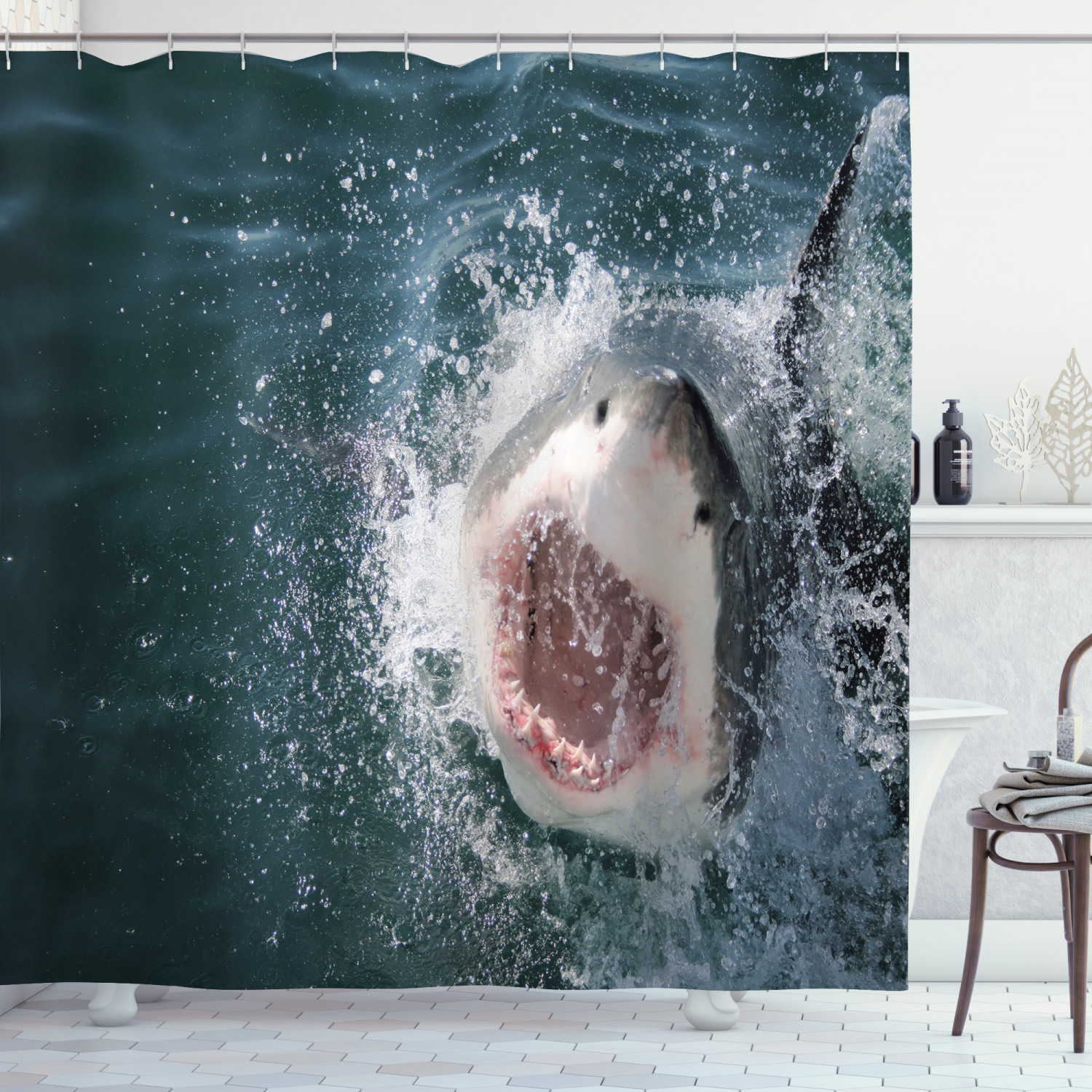 Scary Open Mouth Teeth Shark Print Shower Curtain for Your Bathroom