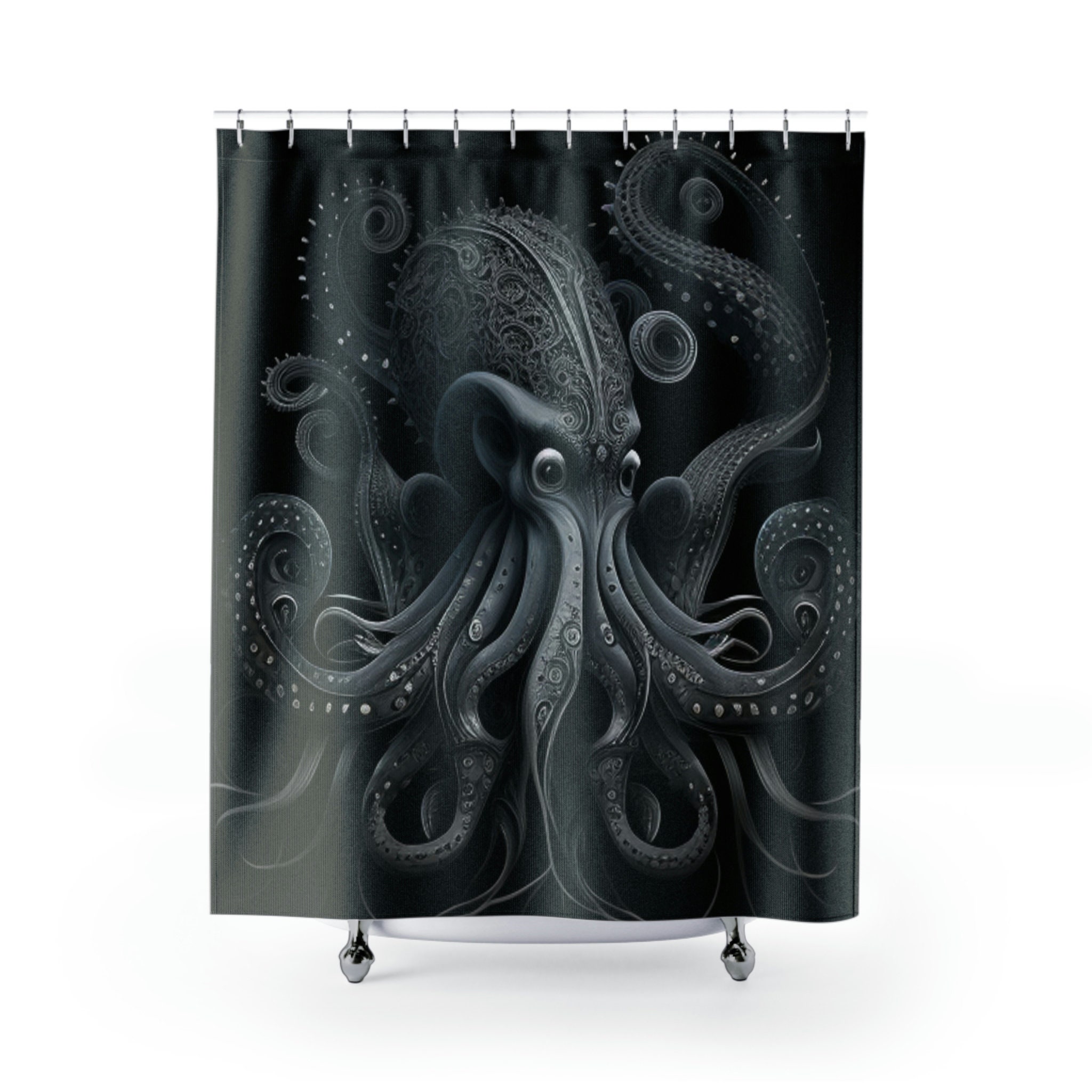 Scary Sea Creature Octopus Shower Curtain With Dark Ocean Decor Print