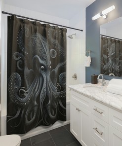 Scary Sea Creature Octopus Shower Curtain With Dark Ocean Decor Print