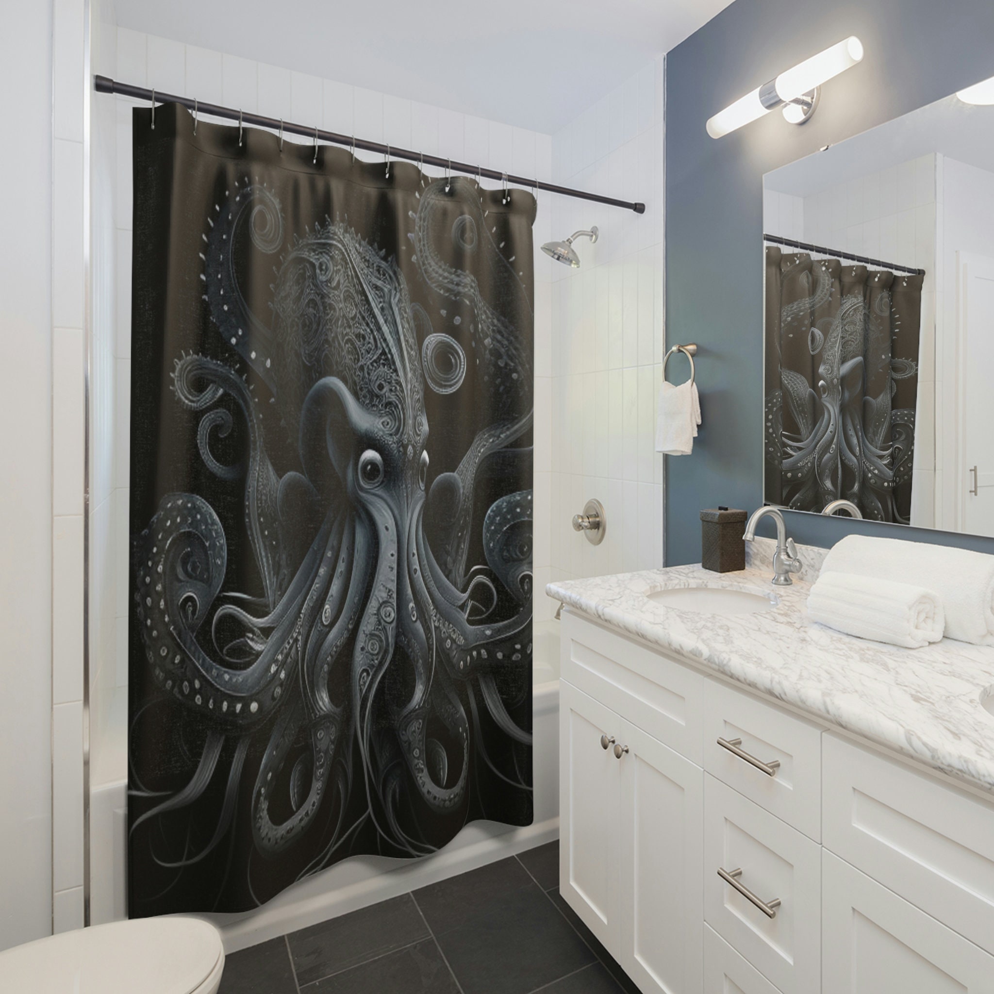 Scary Sea Creature Octopus Shower Curtain With Dark Ocean Decor Print