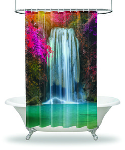 Scenery Bathroom Shower Curtain- Colorful Trees Waterfall View for a Scenic Bathroom Look