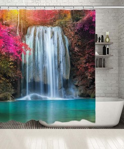 Scenery Bathroom Shower Curtain- Colorful Trees Waterfall View for a Scenic Bathroom Look